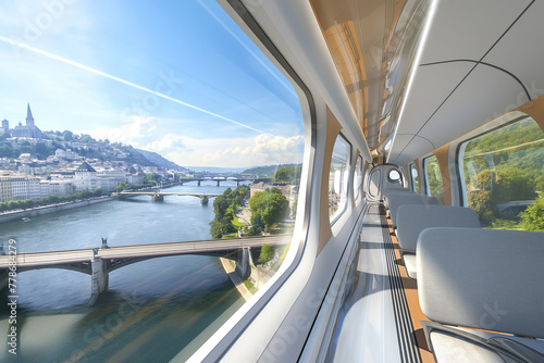 Futuristic Train Carriage with City River View