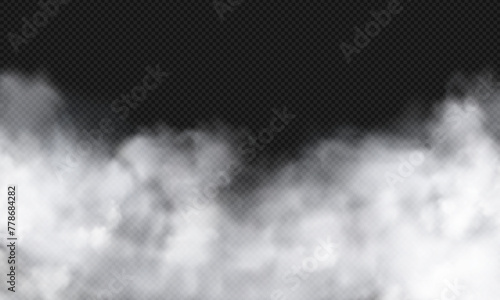 Realistic white cloud, misty fog or smoke overlay effect on transparent background. Vector sky cloud or chimney smoke pattern. Nature or weather element illustration. Smoky or foggy environment art.