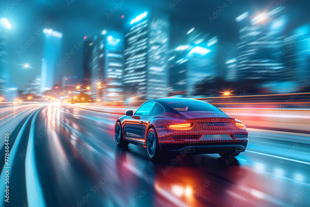 Sports Car with Holographic Overlay Speeding in City