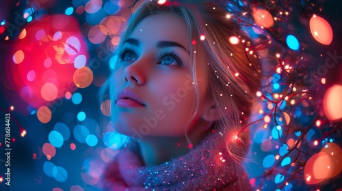 a beautiful blonde woman with blue eyes and a pink scarf around her neck looking up at the sky with colorful lights in the background.