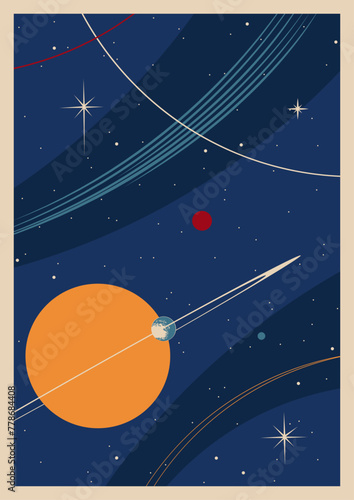 Retro Space Poster Template. Planets, Moon, Stars, Cosmic Background. Mid Century Modern Colors and Style 