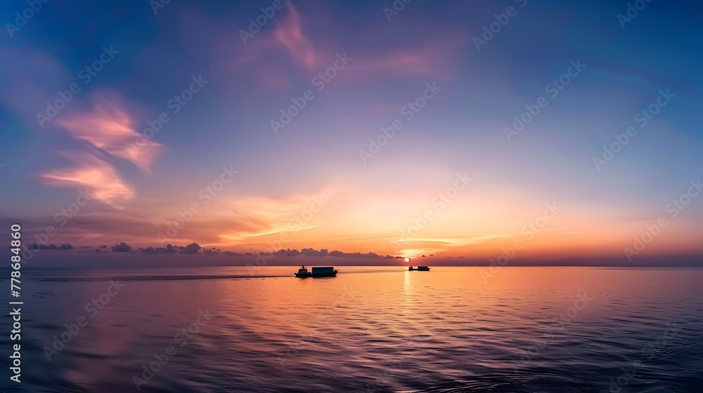 A vast expanse of ocean under the twilight sky, with distant ships sailing on it. This wide-angle photograph highlights the beauty of nature's tranquility, commercial activity at dusk. For Design, PPT A vast expanse of ocean under the twilight sky, with distant ships sailing on it. This wide-angle photograph highlights the beauty of nature's tranquility, commercial activity at dusk. For Design, PPT