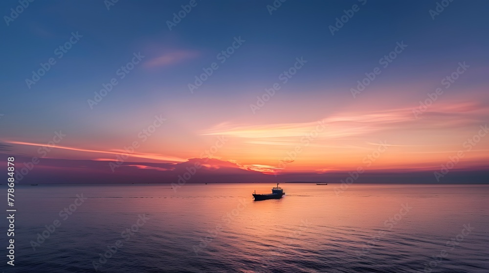 A vast expanse of ocean under the twilight sky, with distant ships sailing on it. This wide-angle photograph highlights the beauty of nature's tranquility, commercial activity at dusk. For Design, PPT A vast expanse of ocean under the twilight sky, with distant ships sailing on it. This wide-angle photograph highlights the beauty of nature's tranquility, commercial activity at dusk. For Design, PPT