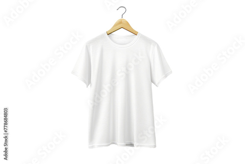basic white tee on a wooden hanger against a pure white background - clean mockup