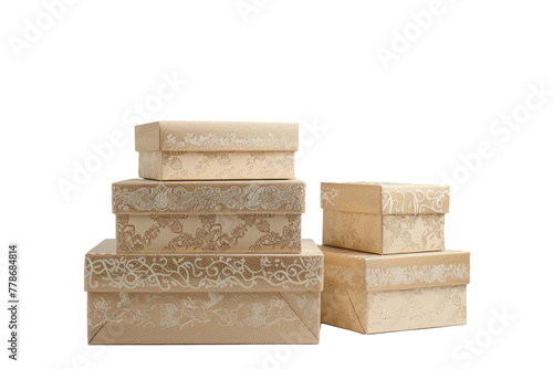 beige birthday gift boxes with intricate patterns, isolated on a white background