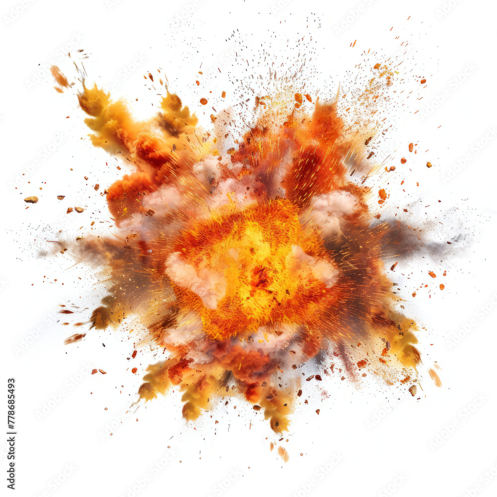 supernova explosion, with bright shockwaves and debris expanding outward against a clean white background.