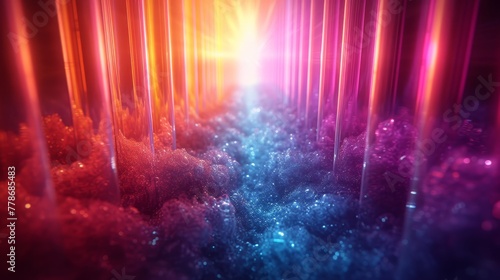 Wallpaper Mural an abstract photo of colorful lights in a dark space with trees and bushes in the foreground and a bright light at the end of the photo. Torontodigital.ca