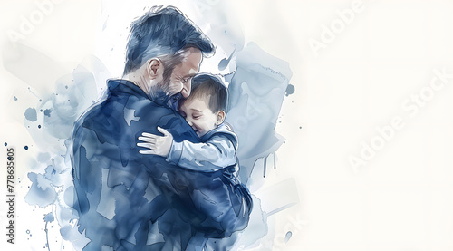 Obraz na płótnie Digital painting of father and son hugging each other in front of a white background.Embrace of Comfort: A Watercolor Representation w salonie