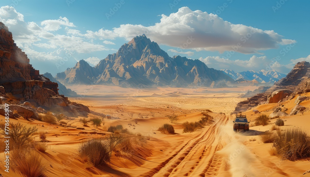 Fototapeta premium Desert Journey, Tell the story of a desert journey through a series of images, from the excitement of departure to the challenges and discoveries along the way
