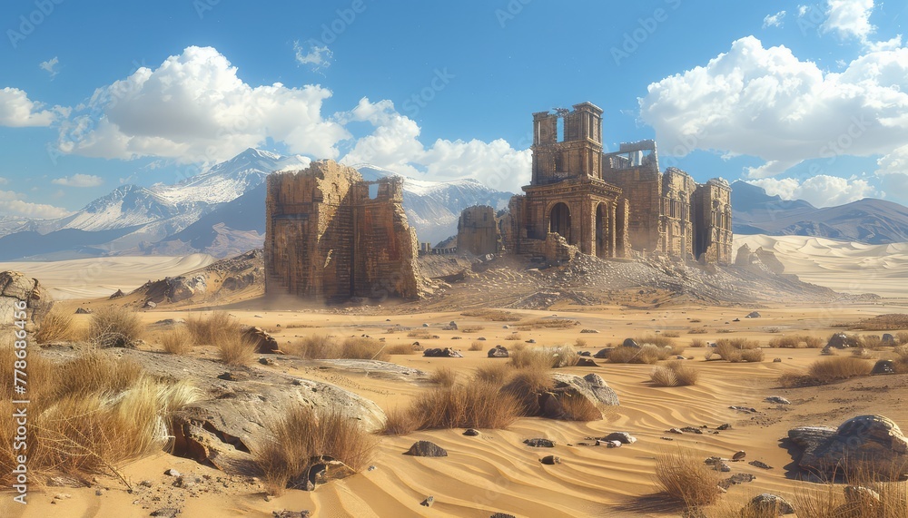 Desert Ruins, Ancient ruins or abandoned settlements in the desert, hinting at the civilizations that once thrived in these harsh environments - obrazy, fototapety, plakaty 