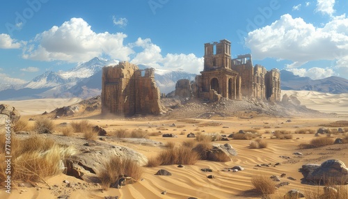 Desert Ruins, Ancient ruins or abandoned settlements in the desert, hinting at the civilizations that once thrived in these harsh environments