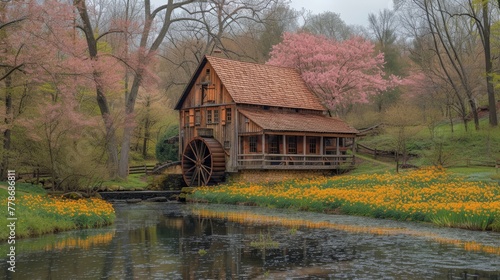 a house with a water wheel in front of a body of water with yellow flowers in the foreground and trees with pink flowers in the background.