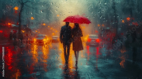 a man and a woman walking in the rain under a red umbrella on a rainy day with a red car behind them.