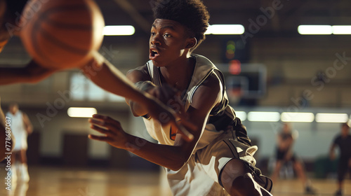 the basketball court as a young male player showcases his skills, his agile movements fluid as he dribbles the ball with precision and speed photo