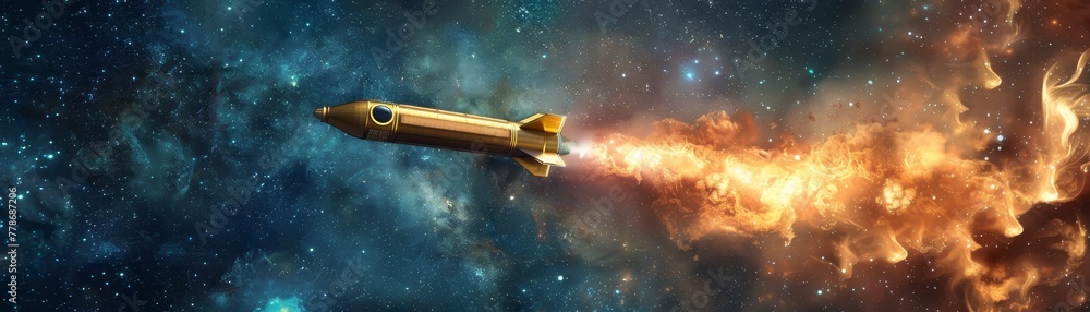 Golden rocket soaring through space 
