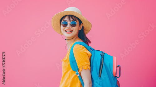 a tourist woman in a yellow shirt and a blue backpack with a blue backpack photo