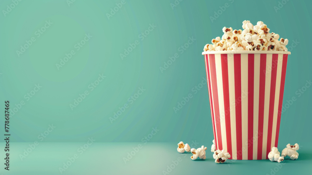 A classic red and white striped popcorn container full of popcorn on a teal backdrop, perfect for movie concepts