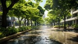 Green urban landscape managing rainwater with treelined streets sidewalks f