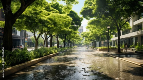 Green urban landscape managing rainwater with treelined streets sidewalks f photo