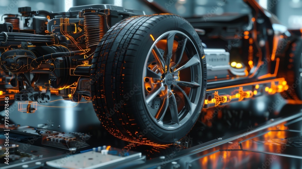 Fototapeta premium Detailed cutaway of high-tech electric car engine. Demonstrating sophistication and innovation. AI Image