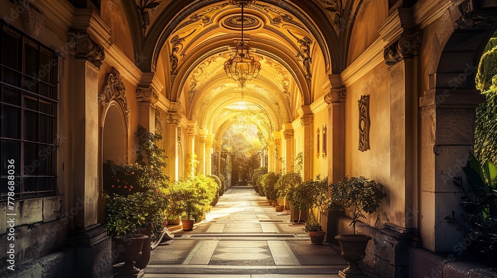 Renaissance villa, ornate vaulted archway, lush garden pathway, golden hour, vibrant colors, eyelevel shot