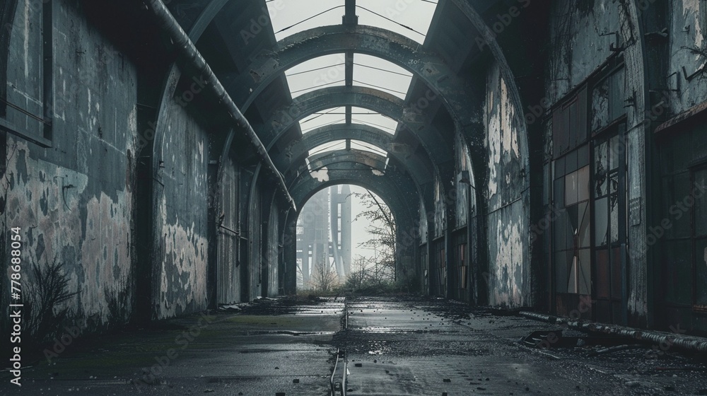 Abandoned factory, industrial vaulted archway, concrete pathway, overcast, muted colors, groundlevel angle