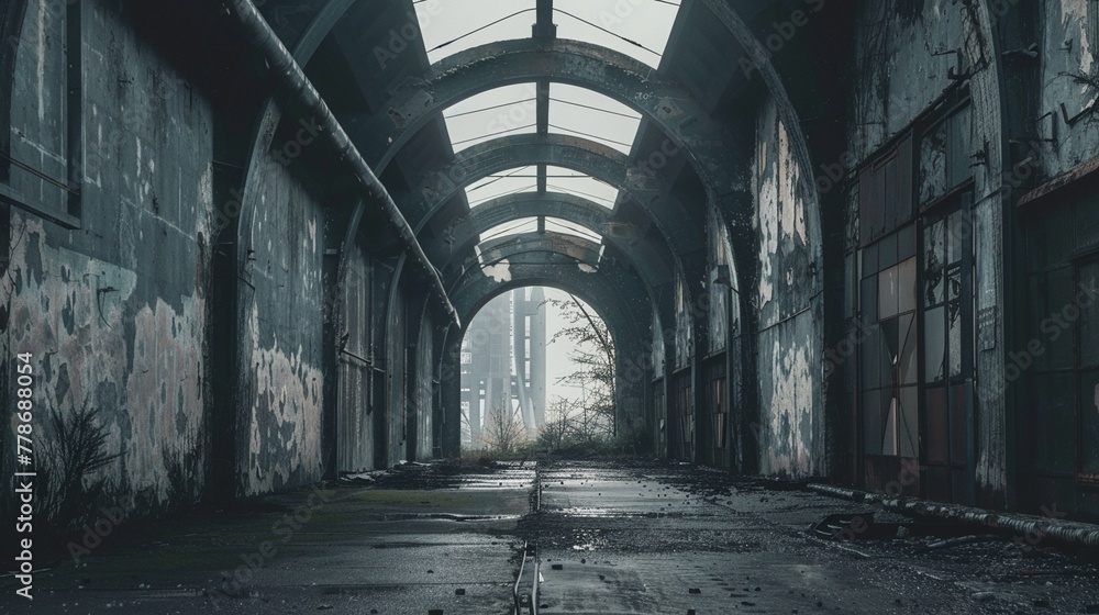 Abandoned factory, industrial vaulted archway, concrete pathway, overcast, muted colors, groundlevel angle Abandoned factory, industrial vaulted archway, concrete pathway, overcast, muted colors, groundlevel angle