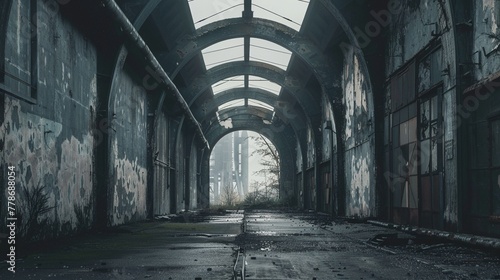 Abandoned factory, industrial vaulted archway, concrete pathway, overcast, muted colors, groundlevel angle photo