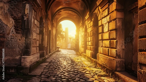 Ancient Roman architecture, detailed vaulted archway over cobblestone pathway, sunrise, warm hues, eyelevel view