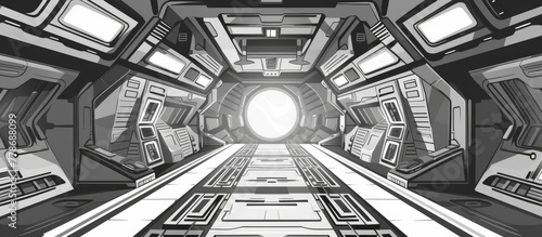 A monochrome drawing of a futuristic tunnel with symmetrical lines and a light at the end. The artwork creates a sense of depth and mystery