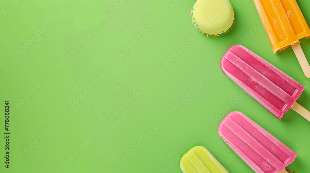 A refreshing summer theme image showcasing an array of colorful popsicles arranged neatly on a bright green background A refreshing summer theme image showcasing an array of colorful popsicles arranged neatly on a bright green background