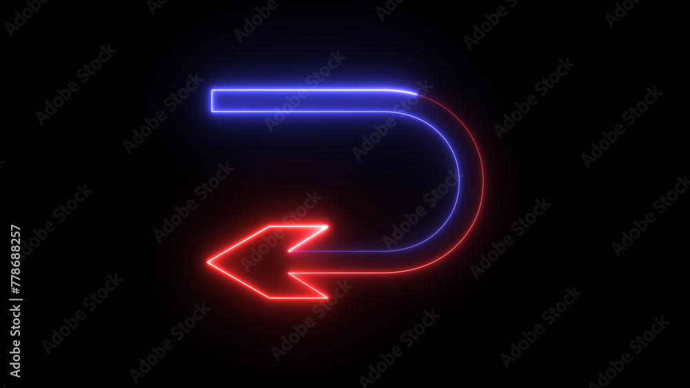 Neon back turn arrow illustration sign with a bright glow. Design of the page turn-back arrow icon Neon back turn arrow illustration sign with a bright glow. Design of the page turn-back arrow icon