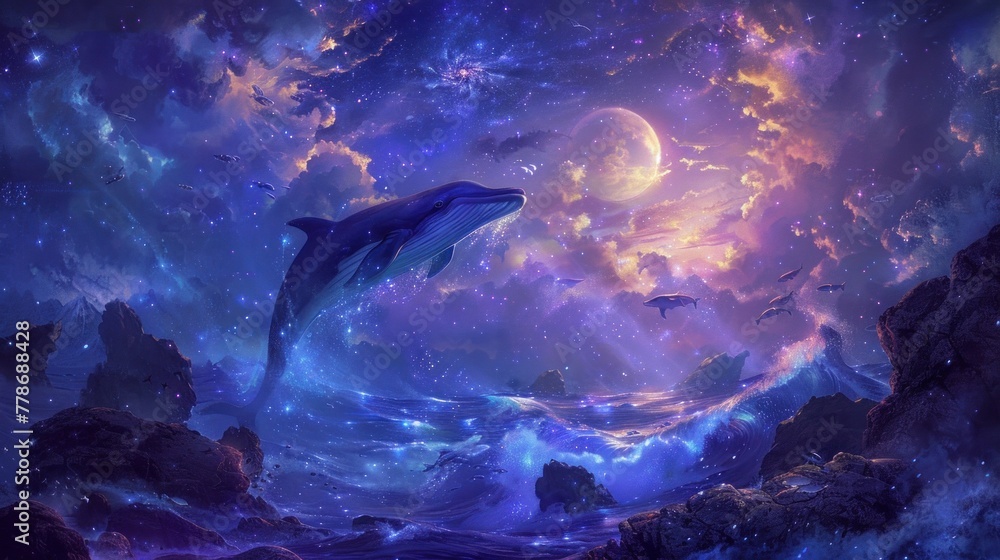 Obraz premium Surreal ocean scene with whales floating amidst cosmic clouds under moonlit sky. Fantasy dreamscape with marine life.