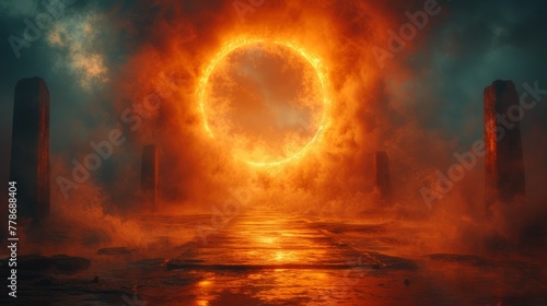 a ring of fire in the middle of a body of water with a dark sky and clouds in the background.