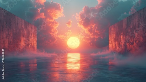 a painting of a sun setting over a body of water with smoke coming out of the water and clouds in the sky.