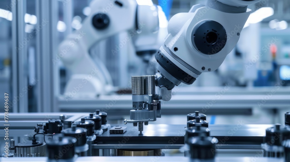 Efficient robotic arm at work in factory. Advancement in automation. AI Image Efficient robotic arm at work in factory. Advancement in automation. AI Image