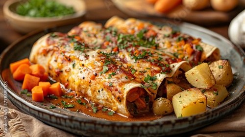 A plate of enchiladas mineras garnished with carrots and potatoes