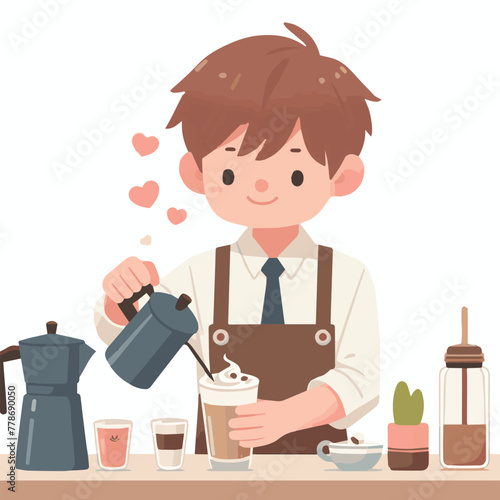 A boy barista wearing an apron is mixing a cup of coffee and a coffee maker beside him, vector.