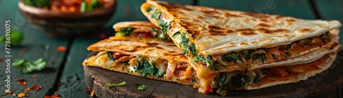 A quesadilla sliced into wedges revealing a spinach and cheese filling