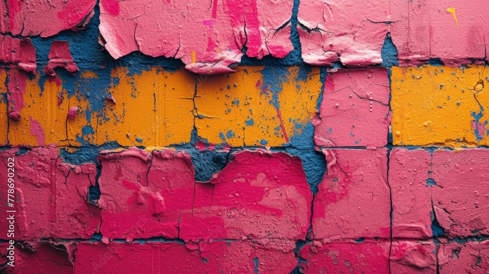 a red, yellow, and blue painted brick wall with peeling paint and chipped paint on the side of it.