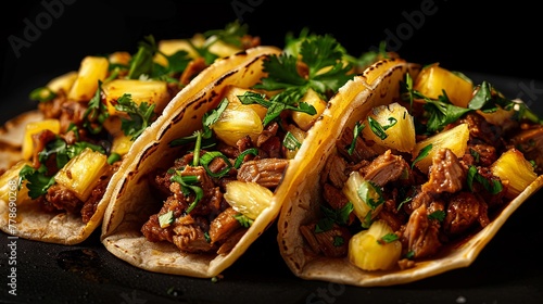 Tacos al pastor with pineapple and cilantro garnish