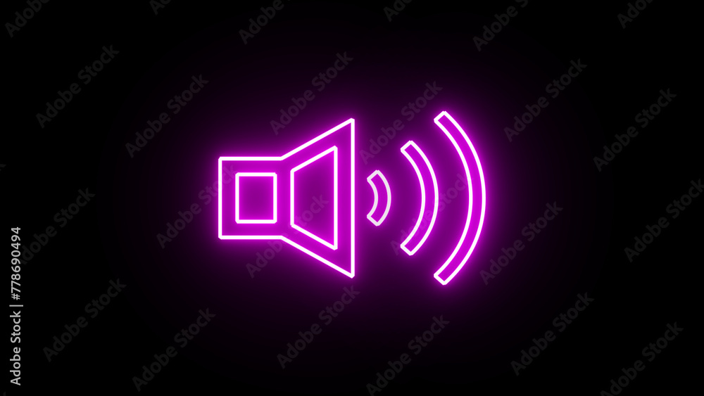 Glowing neon purple sound icon audio music speaker on black background. Volume with sound wave sign. Sound on icon speaker. Glowing neon purple sound icon audio music speaker on black background. Volume with sound wave sign. Sound on icon speaker.