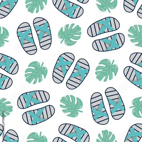 Cute hand drawn flip flops and plant leaf seamless pattern. Flat vector illustration. Doodle drawing.