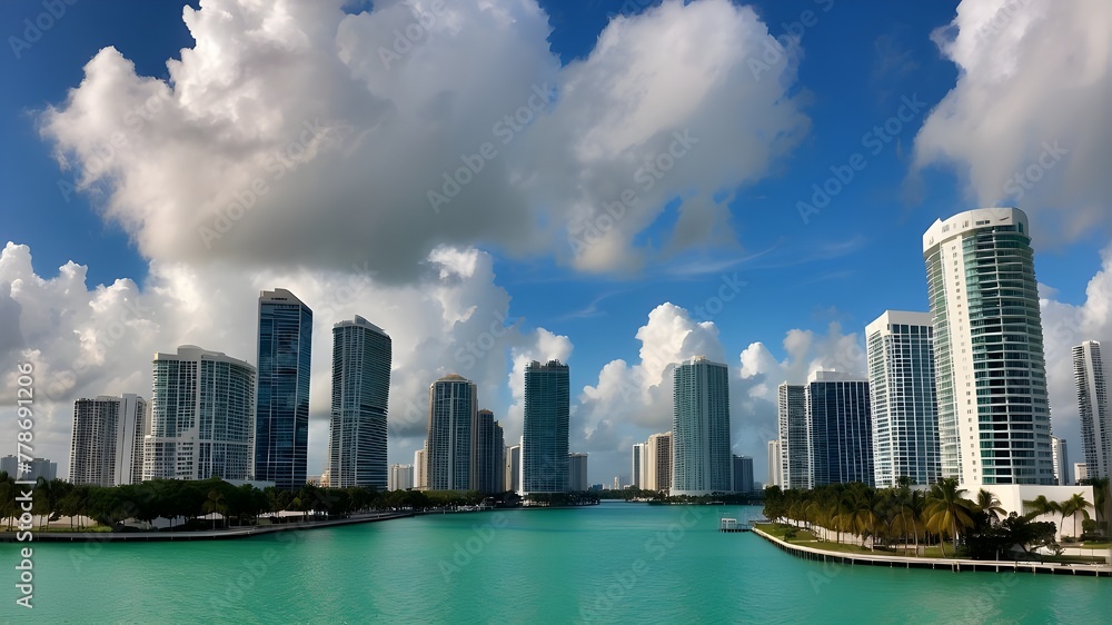 Fototapeta premium Miami Skyline, Florida lovely, adorable panorama views clouds, skyscrapers, and buildings