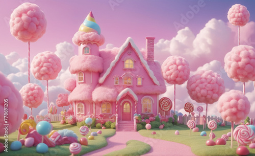 Candy fluffy land with a house in the center, with cotton candy, lollypops, pink weather, realistic, detailed , detailed