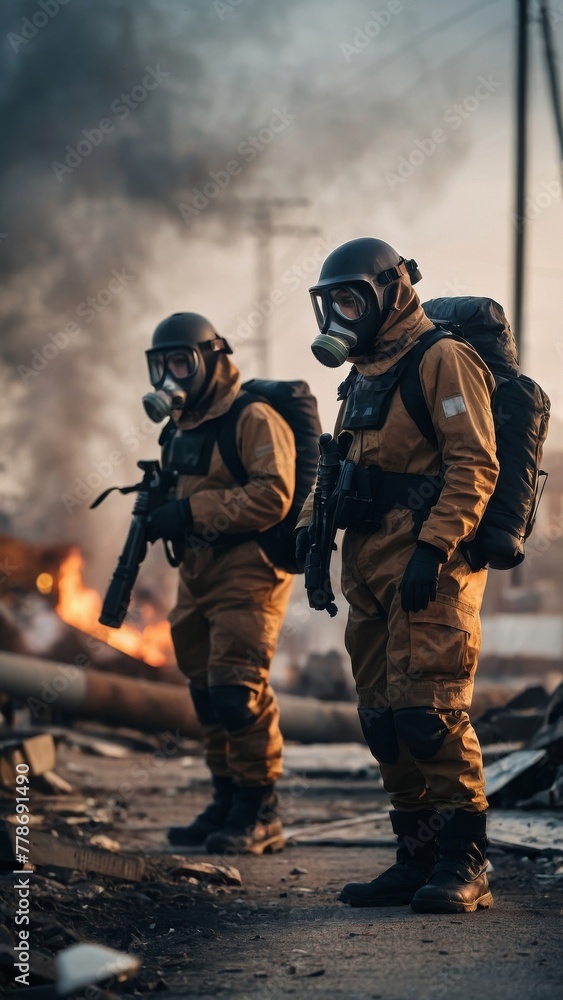 People in protective suits and gas masks against a backdrop of destroyed infrastructure People in protective suits and gas masks against a backdrop of destroyed infrastructure