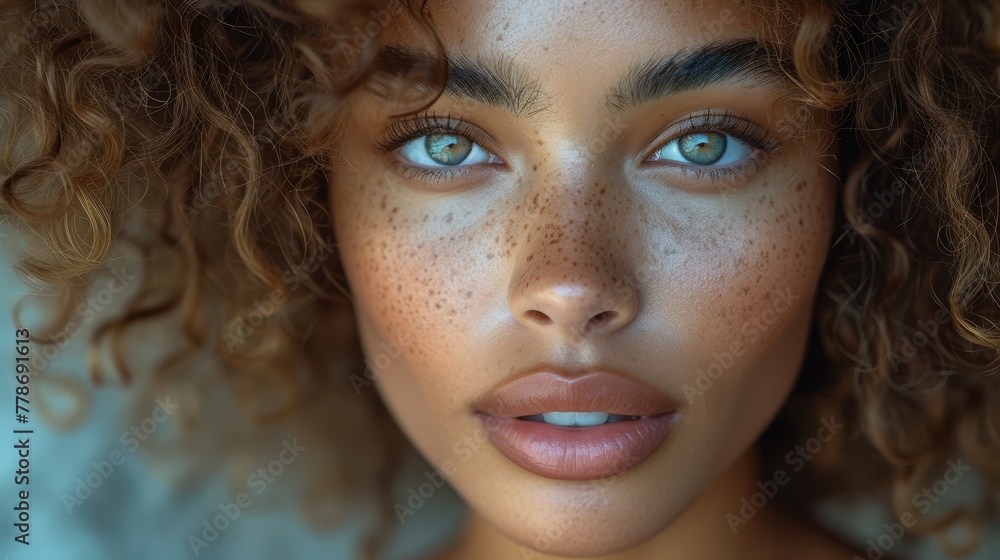 a close up of a woman's face with freckles on her face and freckles on her face. a close up of a woman's face with freckles on her face and freckles on her face.