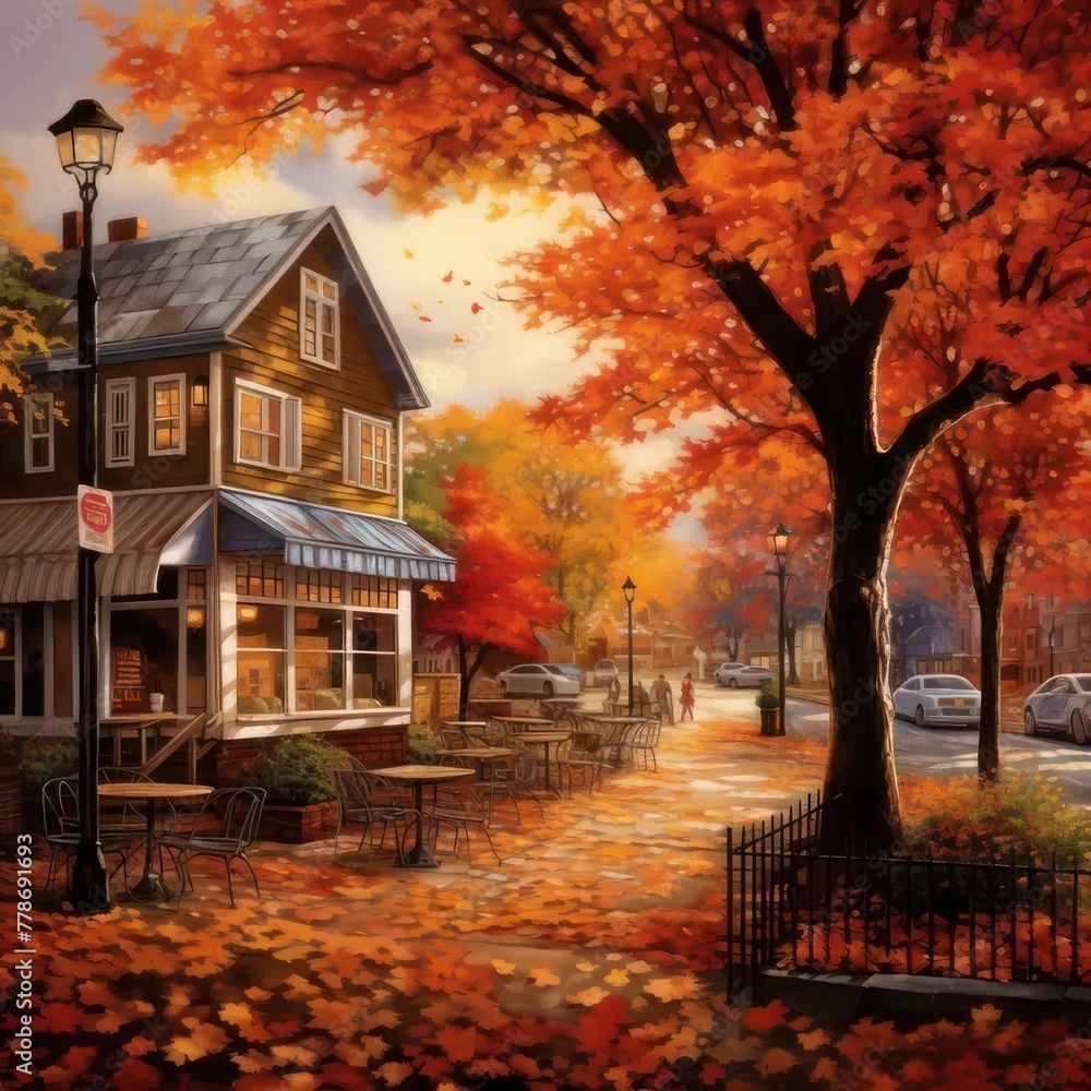 a painting of a fall scene of a cafe