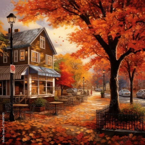 a painting of a fall scene of a cafe