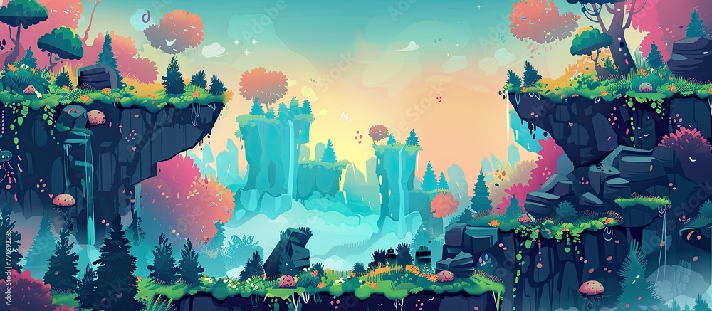 An enchanting woodland setting with a majestic waterfall flowing through lush greenery and vibrant flowers An enchanting woodland setting with a majestic waterfall flowing through lush greenery and vibrant flowers